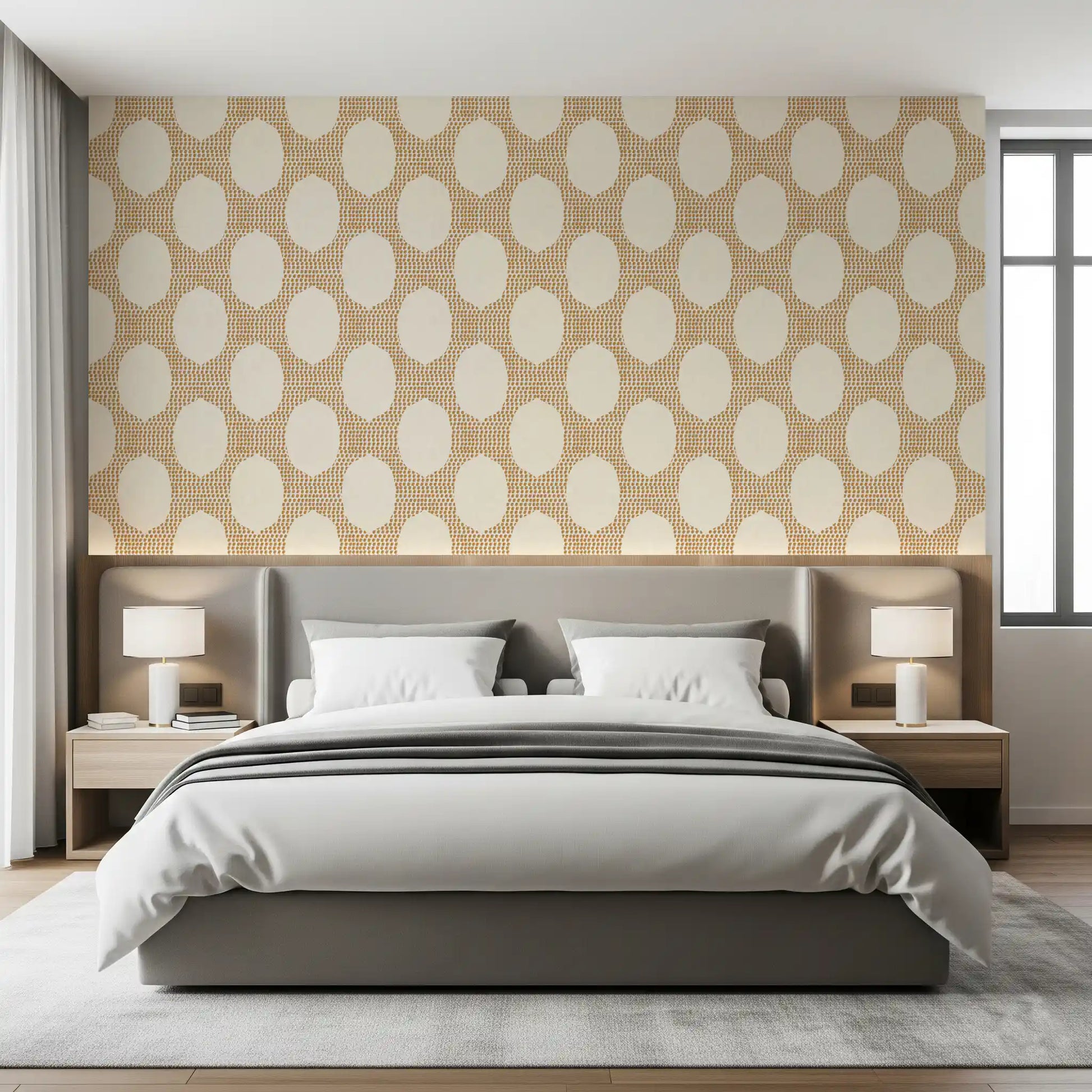 Beachy boho mosaic keeps a guest bedroom calm and inviting in wallpaper