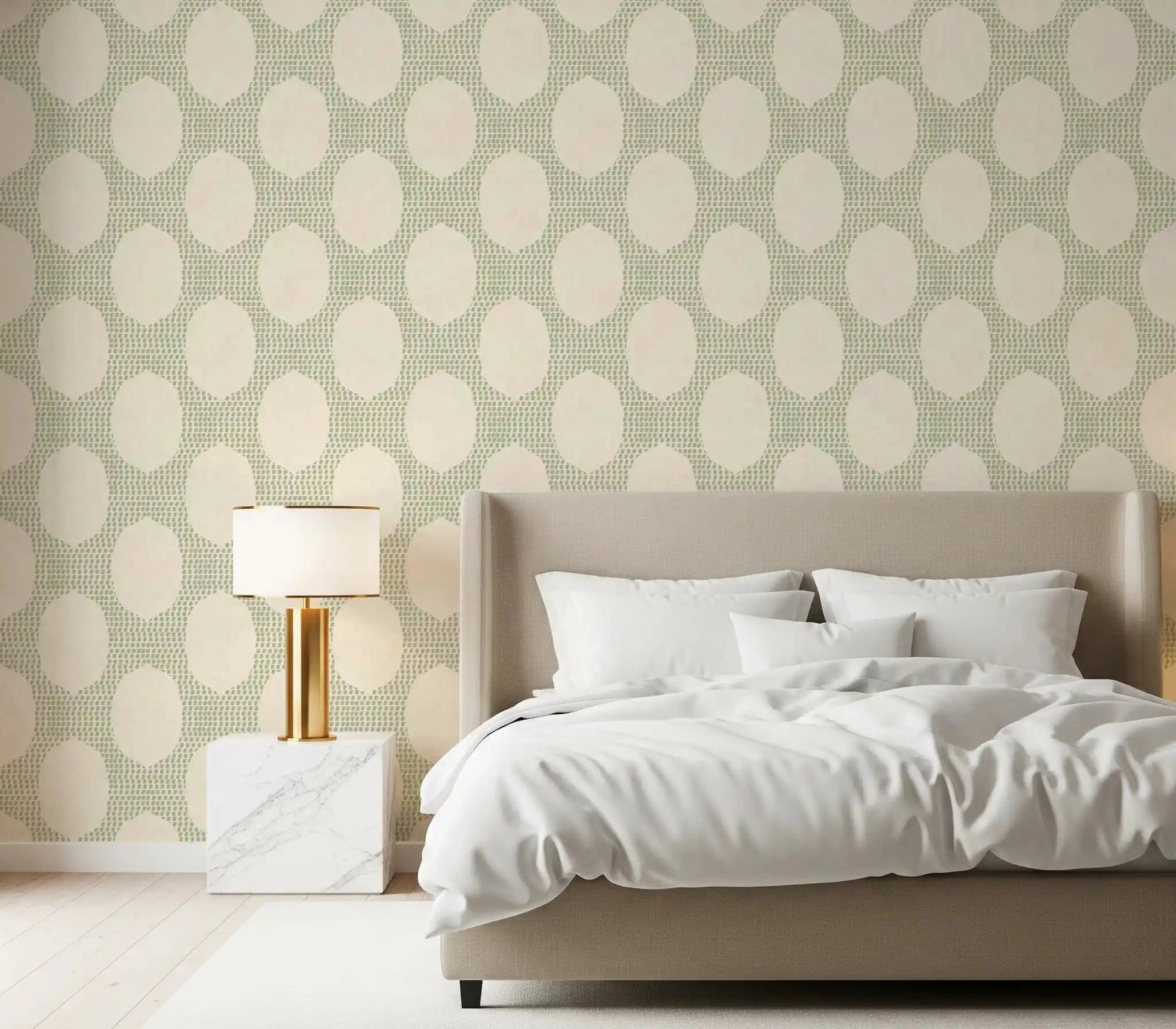 Green Mosaic wallpaper gives a bedroom a calm beachy-boho backdrop.