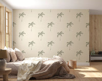 A calm palm repeat softens the bedroom in this beachy boho wallpaper