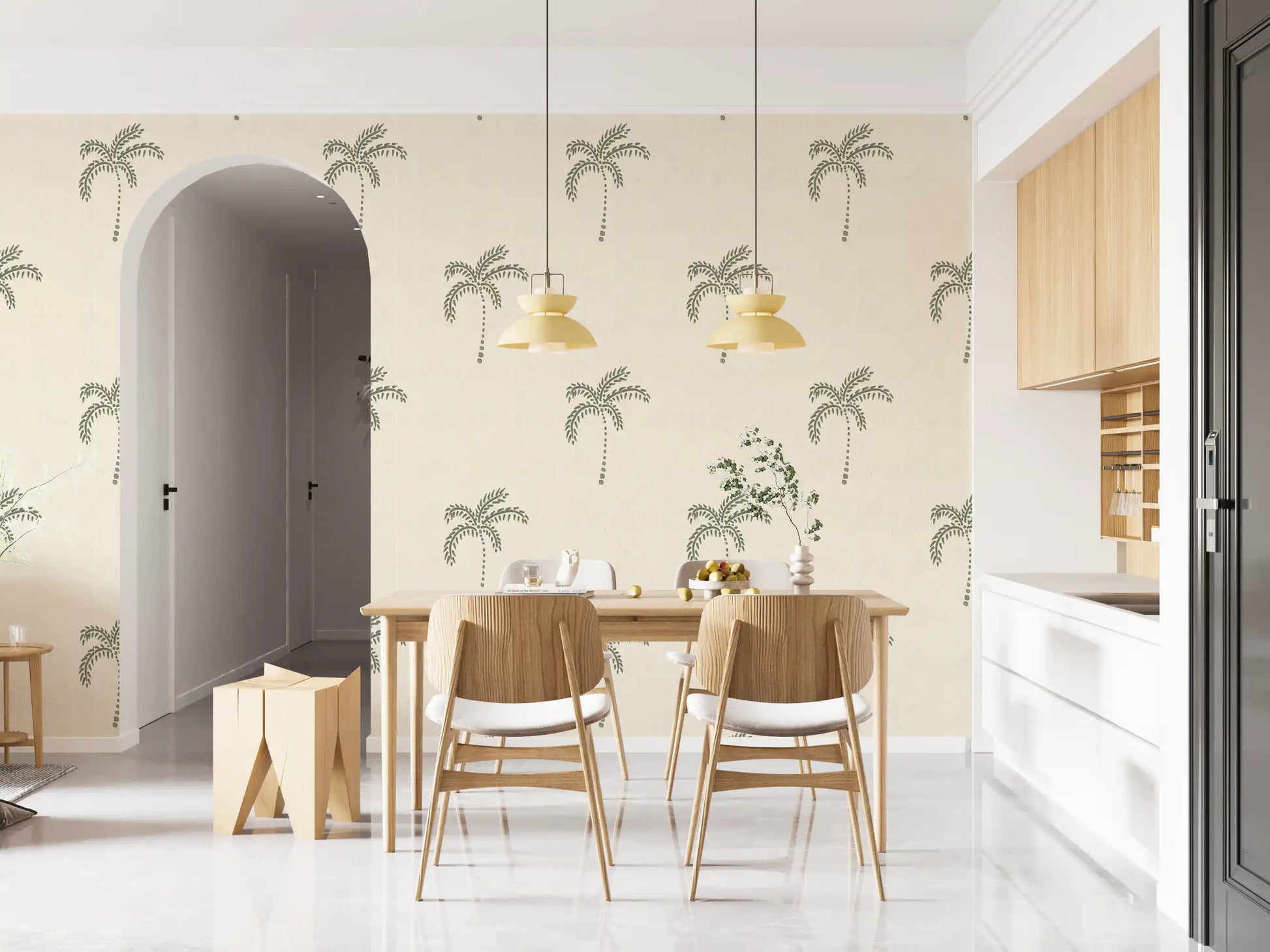 Hand-stamped palms add quiet character to a dining room in this wallpaper