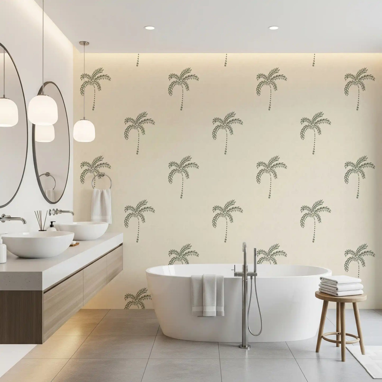 Pale cream and sage palms freshen a bathroom with this beachy wallpaper