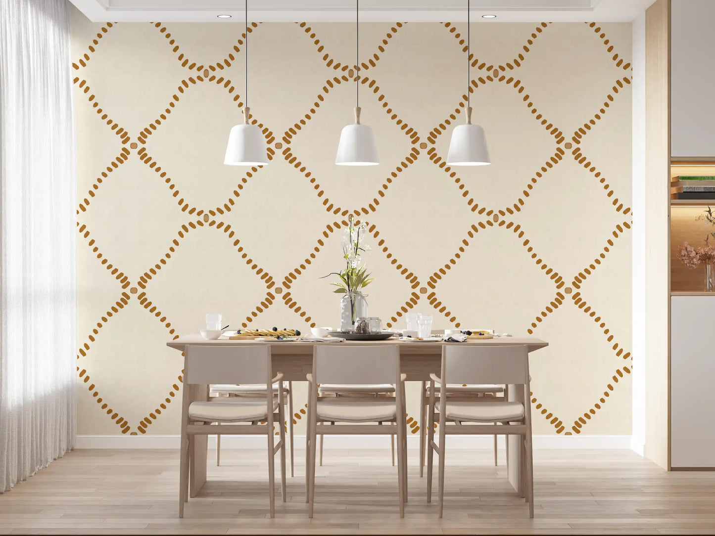 Golden Dotted Lattice wallpaper traces amber diamonds on a cream linen ground.