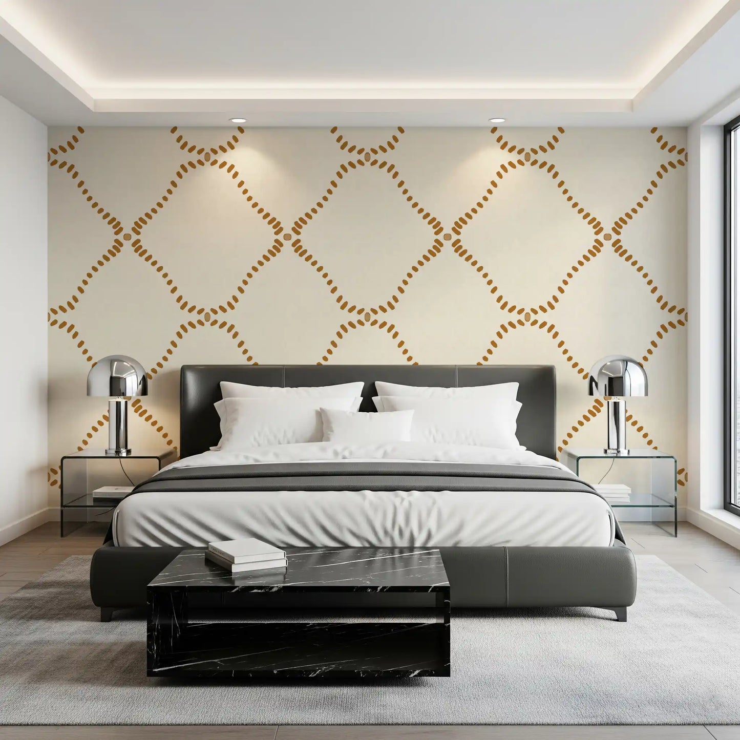 Amber dots and cream linen dress an Bedroom in Golden Lattice wallpaper.