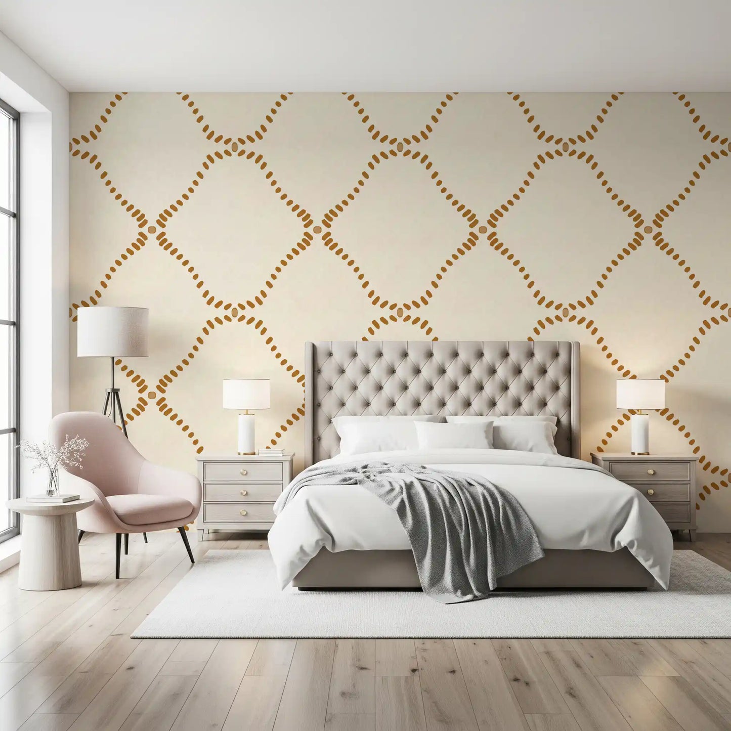 Bedrroom gains warm boho rhythm from this Golden Lattice wallpaper.