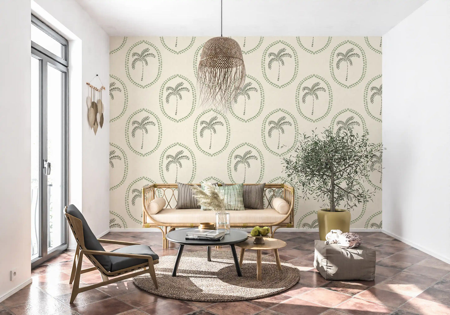 Slim sage palms sit inside every oval in this Palm Medallion wallpaper.