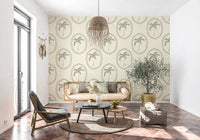Slim sage palms sit inside every oval in this Palm Medallion wallpaper.