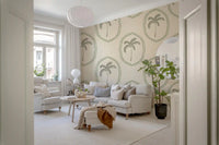 Beaded ovals and sage palms dress an entryway in Palm Medallion wallpaper.