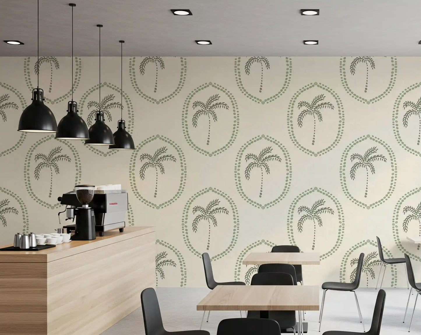 A dotted green palm pattern warms a Cafe this Medallion wallpaper.