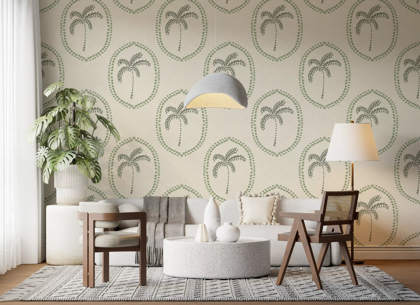 Quiet island warmth reaches a bedroom via this Palm Oasis wallpaper.