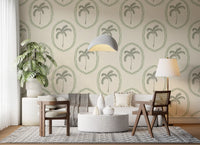 Quiet island warmth reaches a bedroom via this Palm Oasis wallpaper.