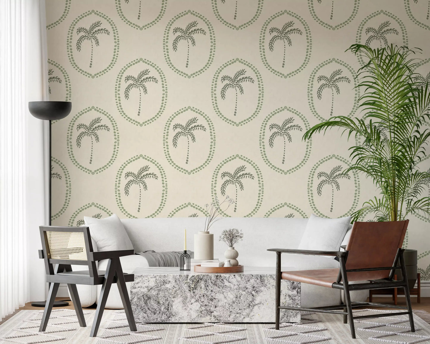 Lounge gains breezy island calm from this Palm Oasis Medallion wallpaper.