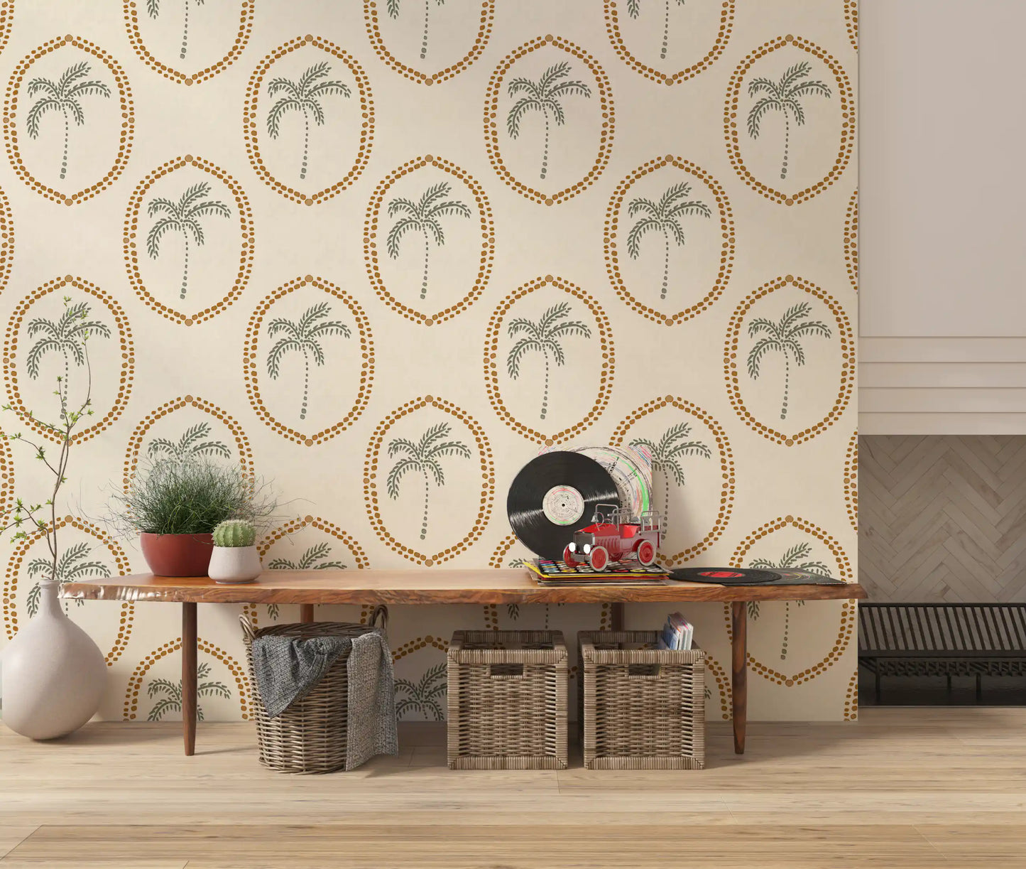 Beachy boho palm oasis golden medallion wallpaper on cream linen
