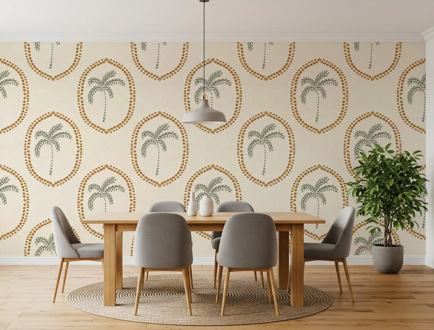 A calm ogee rhythm links the medallions across this palm oasis wallpaper