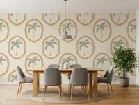A calm ogee rhythm links the medallions across this palm oasis wallpaper
