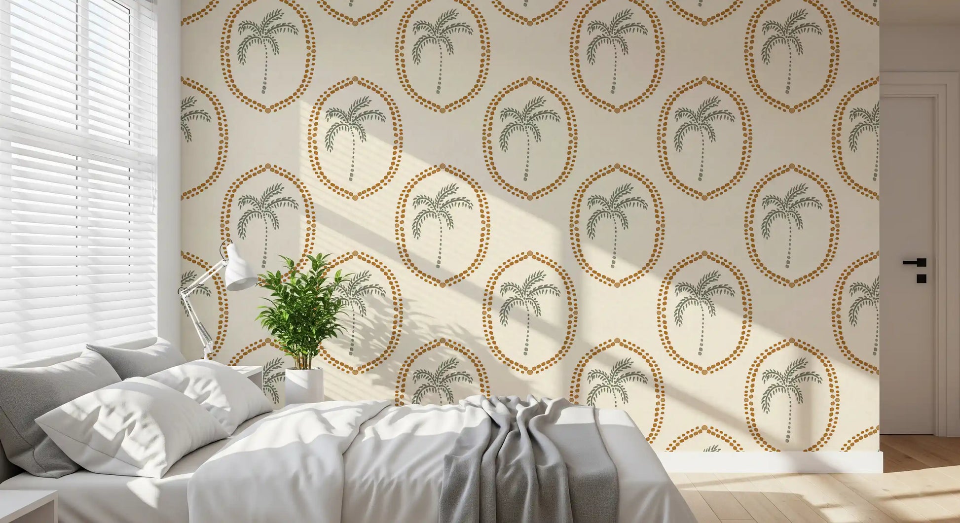 Framed sage palms calm the bedroom with this beachy boho wallpaper