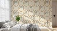 Framed sage palms calm the bedroom with this beachy boho wallpaper