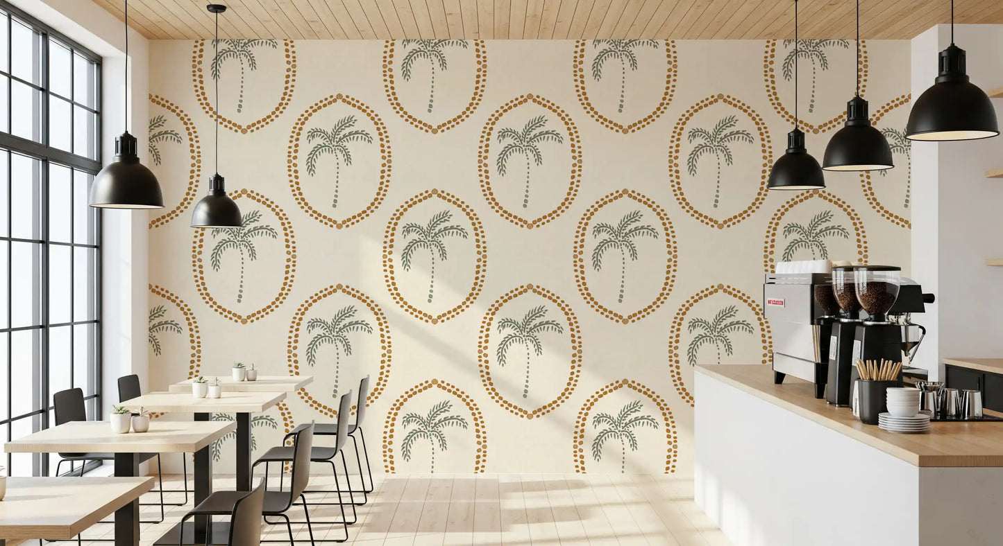 Two warm tones balance the framed palms in this golden boho wallpaper