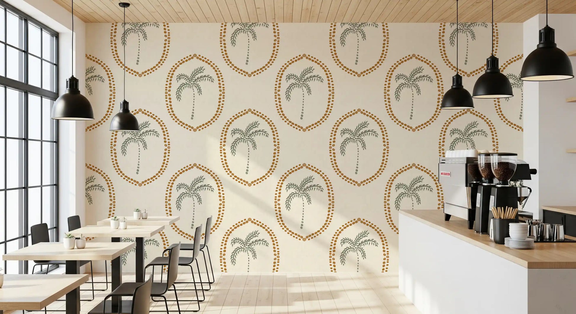 Two warm tones balance the framed palms in this golden boho wallpaper