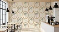 Two warm tones balance the framed palms in this golden boho wallpaper