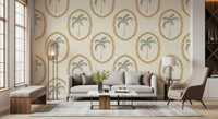 A framed palm repeat steadies a Living room in this beachy boho wallpaper
