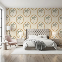 Ochre dotted frames lift a Bedroom with this palm oasis wallpaper