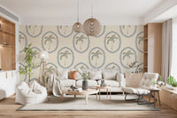Quiet island ease reaches a Living room via this Palm Oasis wallpaper.