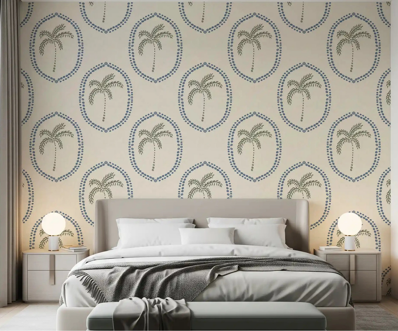 Slate-blue medallions and olive palms calm a bedroom in this Boho wallpaper.