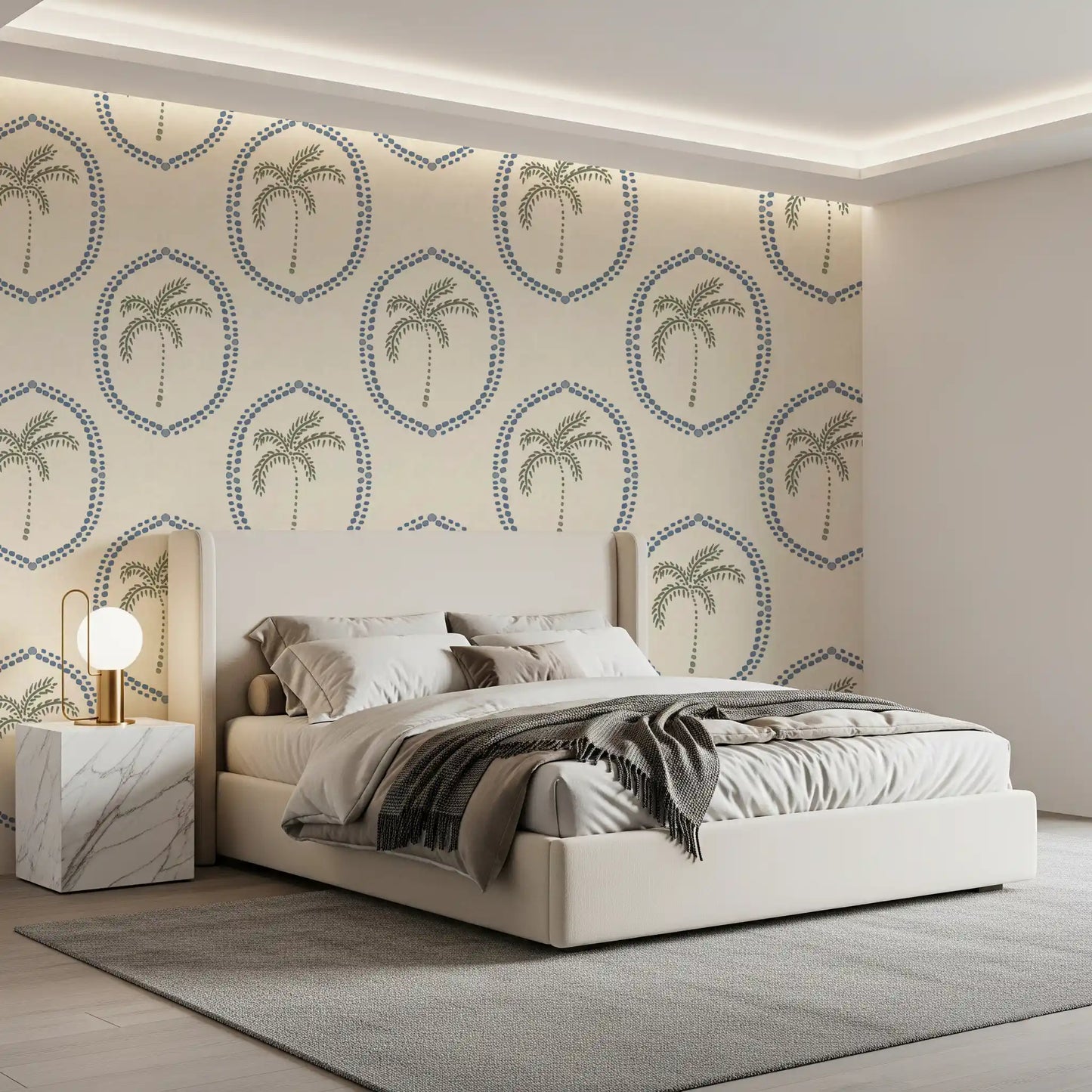 A dotted blue oasis pattern warms a Bedroom in this Palm Medallion wallpaper.
