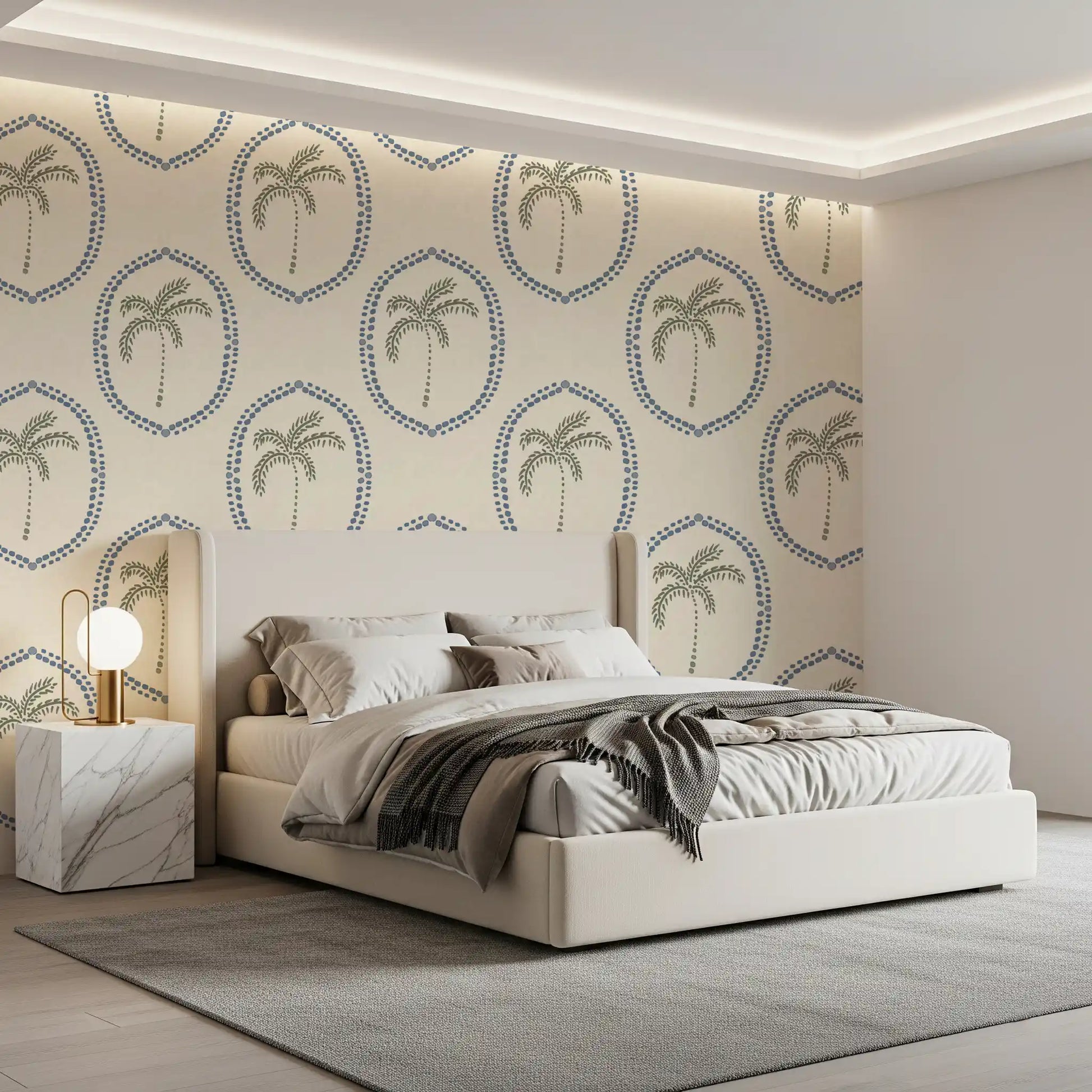 A dotted blue oasis pattern warms a Bedroom in this Palm Medallion wallpaper.
