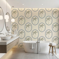 A cream linen ground sets off the Slate Blue Medallion wallpaper motifs.