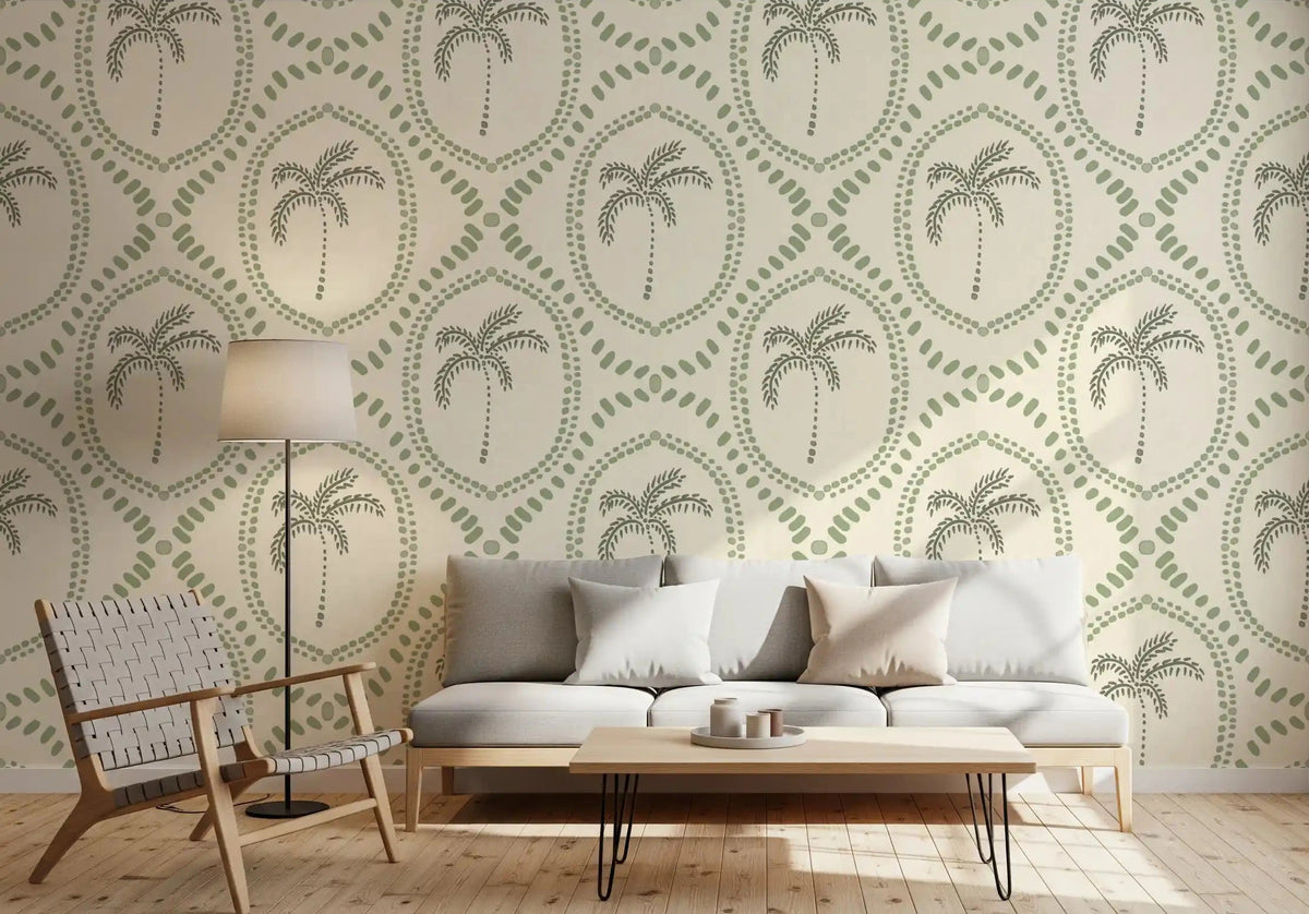 Coastal green palm wallpaper keeps a living room calm and airy