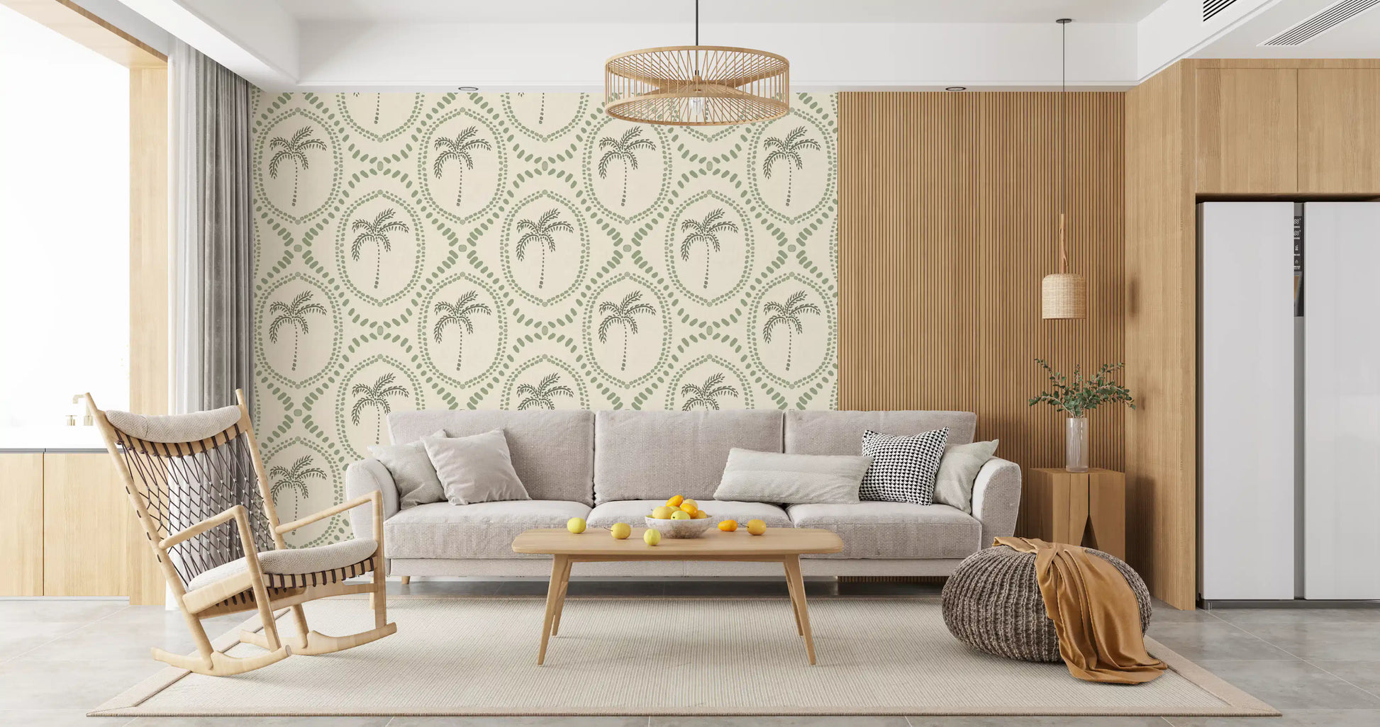 Framed green palms relax the Living room with this oasis wallpaper
