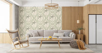 Framed green palms relax the Living room with this oasis wallpaper