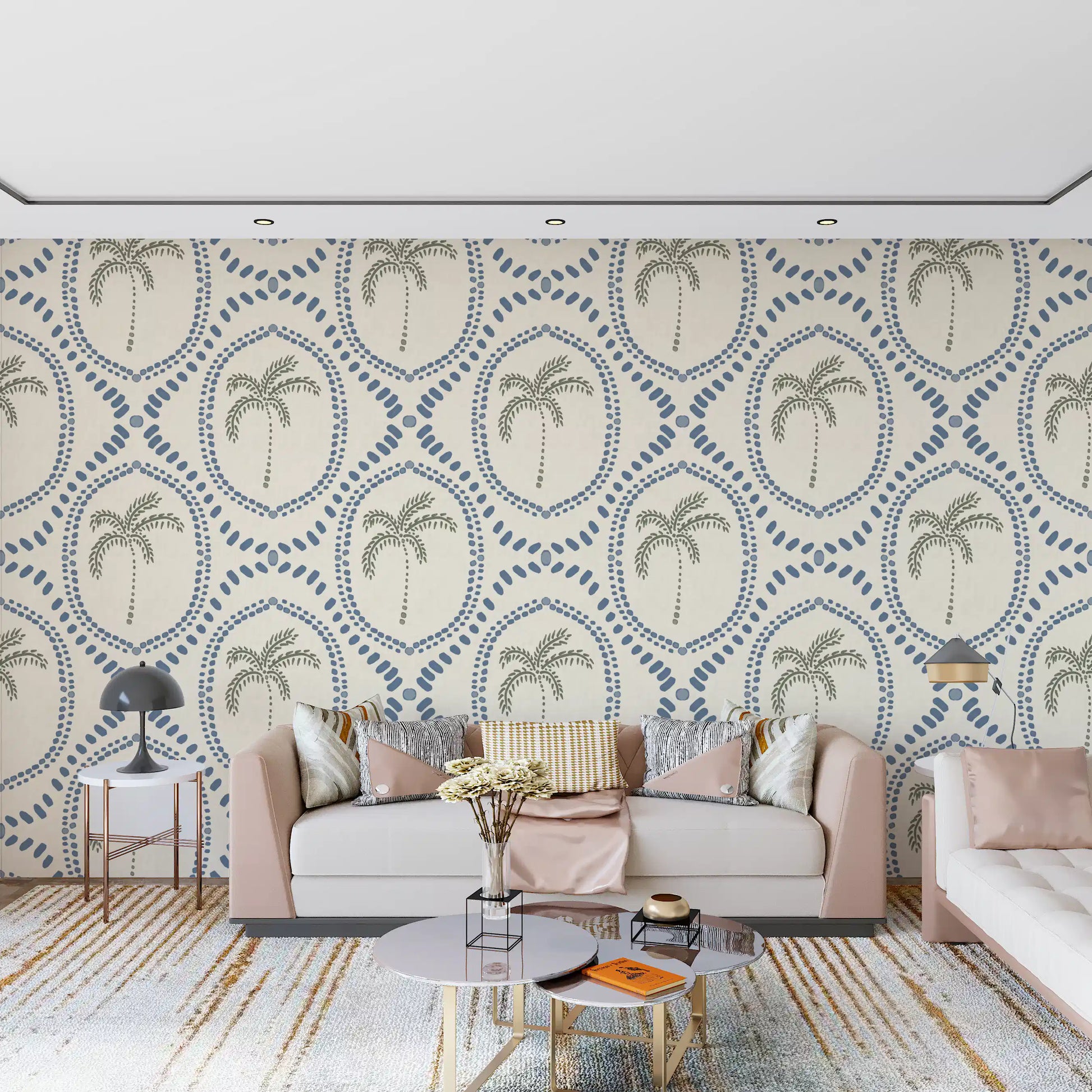 A warm cream backdrop balances the cool blue beadwork of this palm oasis wallpaper