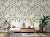 Beachy boho palm oasis wallpaper showing sage palms inside slate-blue dotted rings