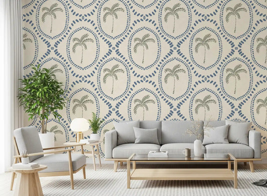 Beachy boho palm oasis wallpaper sets a calm slate-blue tone across this living room