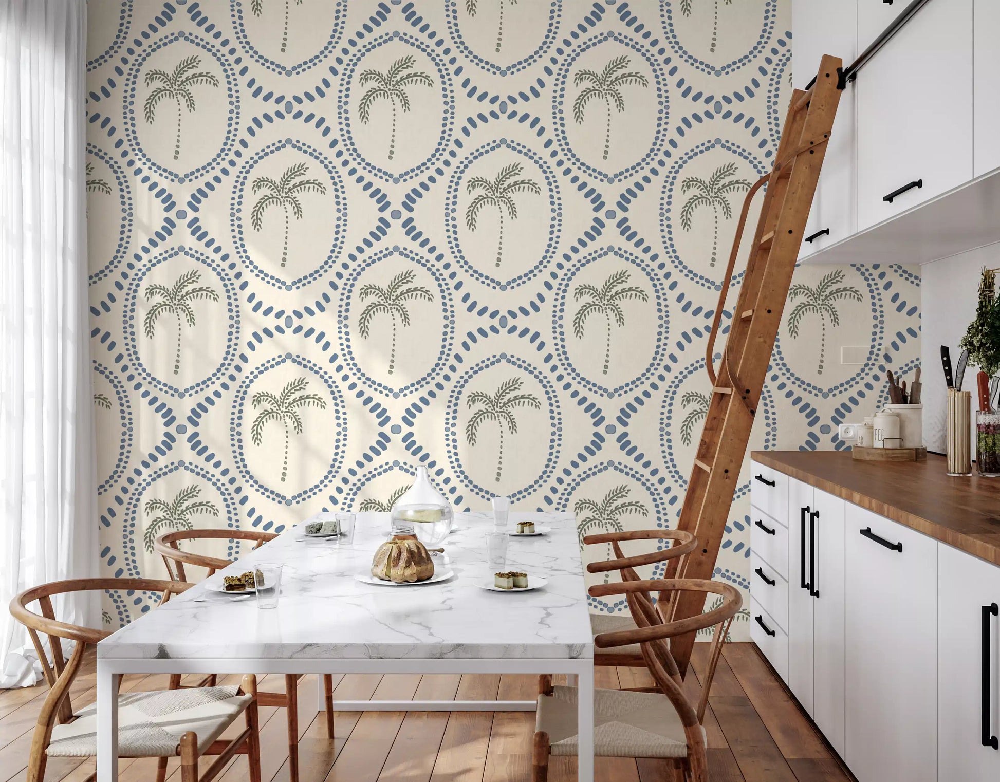 Repeating palm medallions frame this dining room in beachy boho slate-blue wallpaper