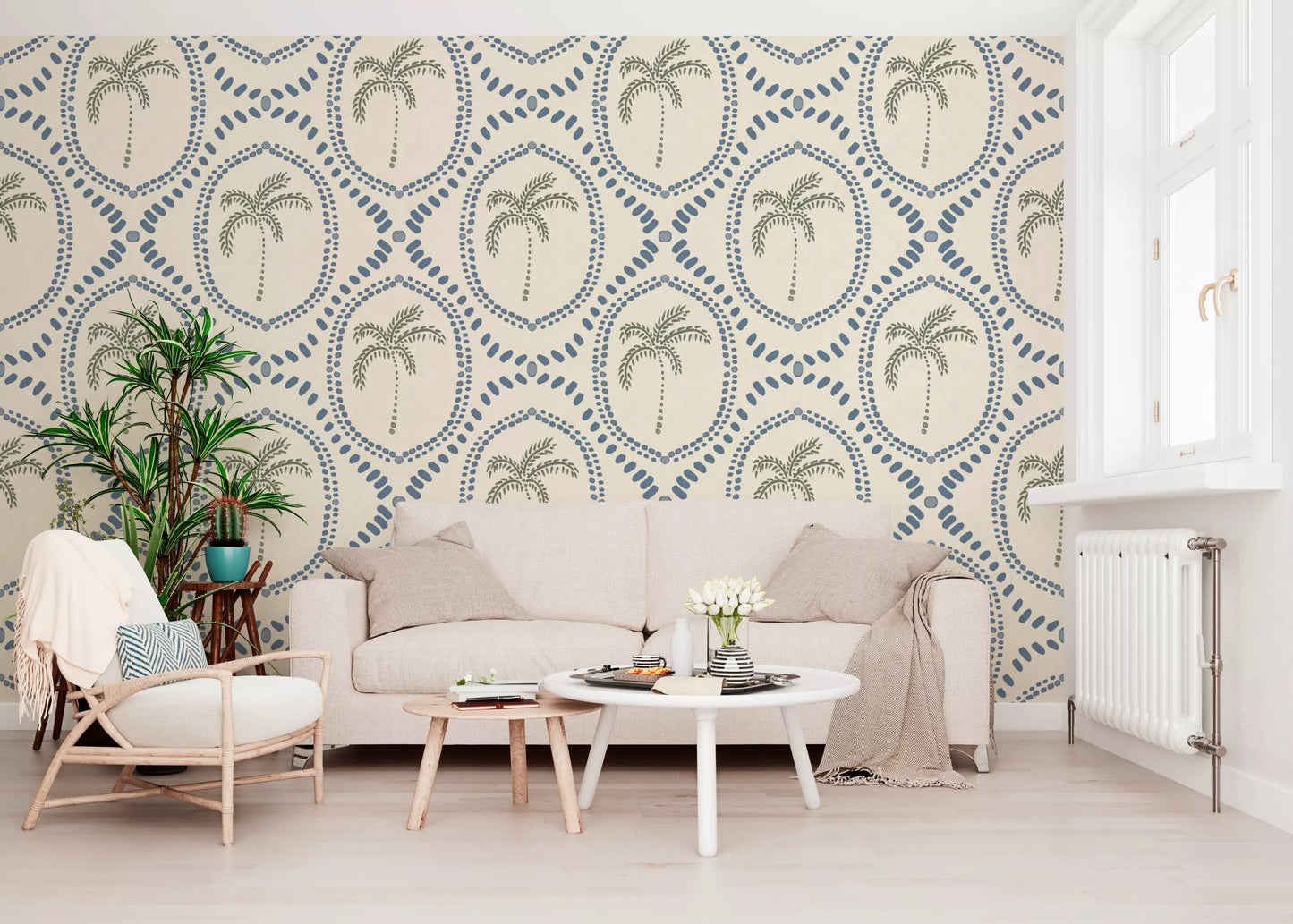 A breezy oasis of sage palms warms this lounge with slate-blue boho wallpaper