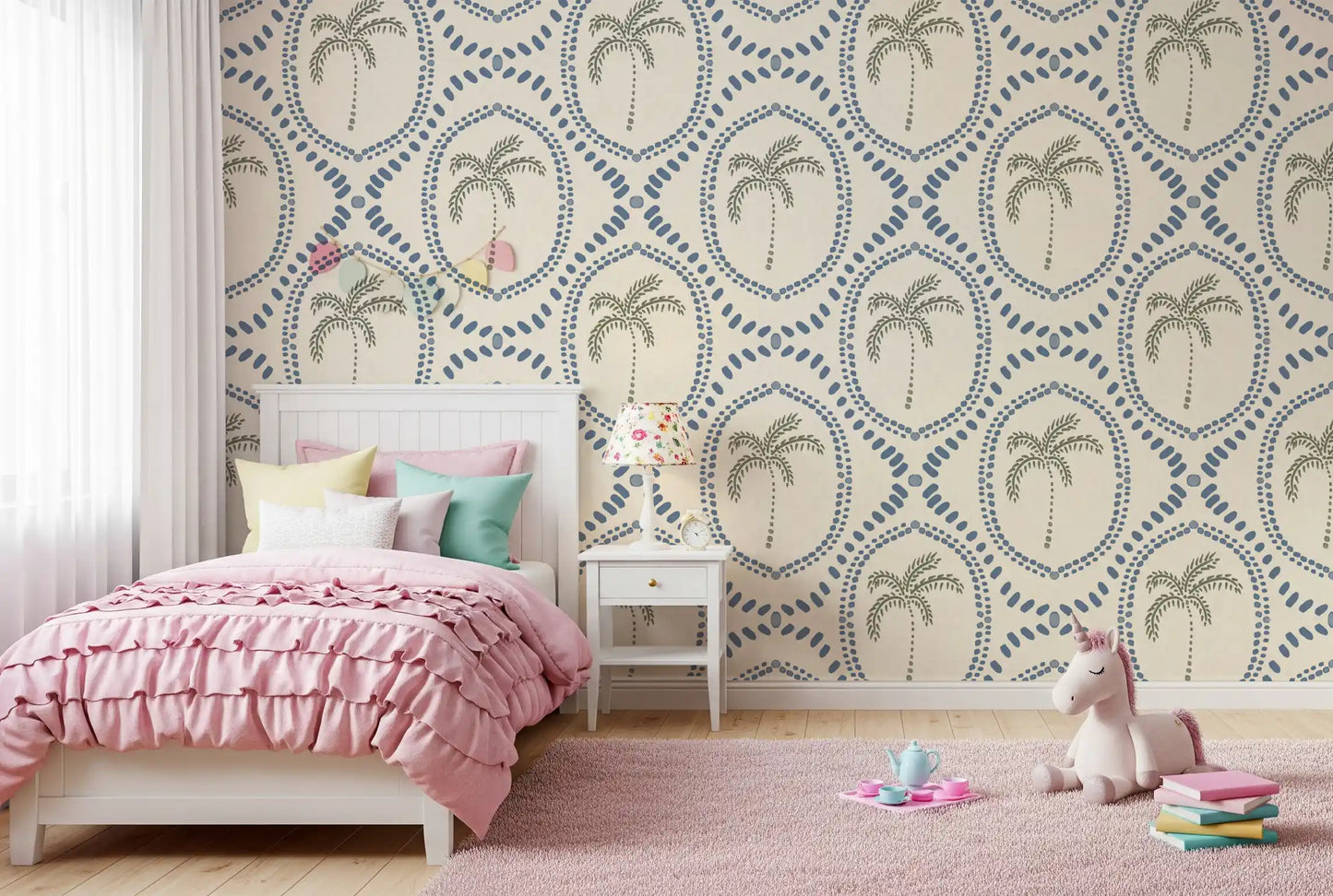 Sage-green palm trees rise at the centre of each blue medallion in this wallpaper