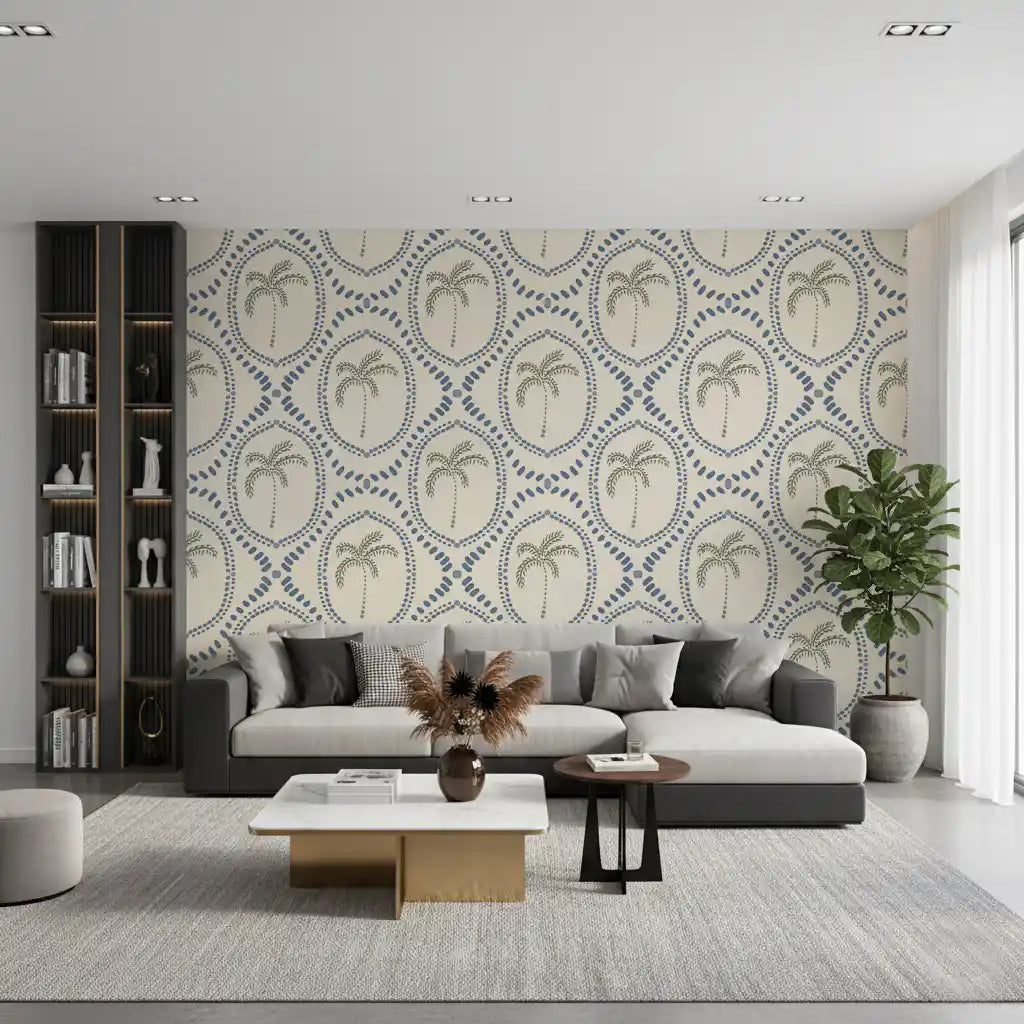 Slate-blue palm motifs give this living room an easy coastal feel in boho wallpaper