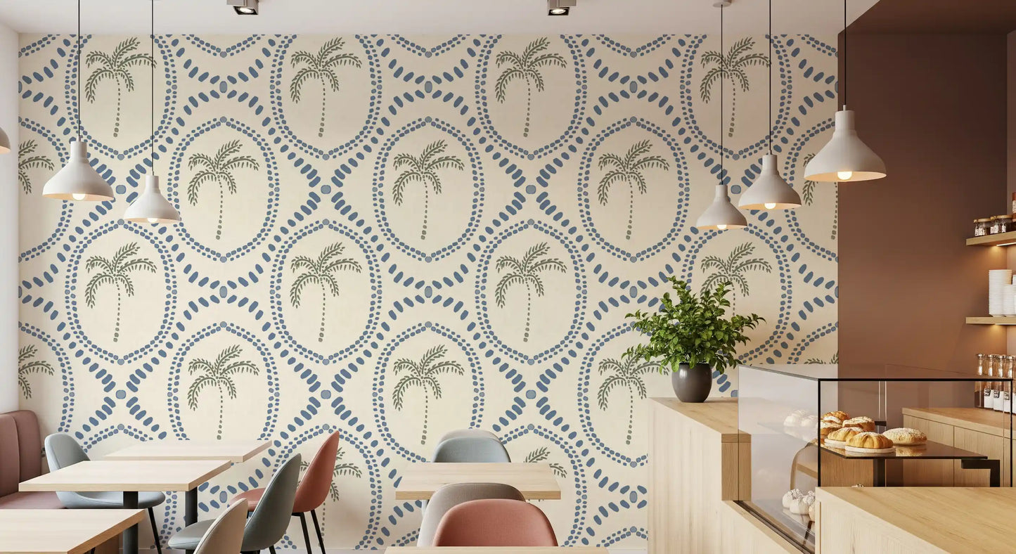 Dotted slate-blue lines form ogee shapes around leafy palms on this boho wallpaper
