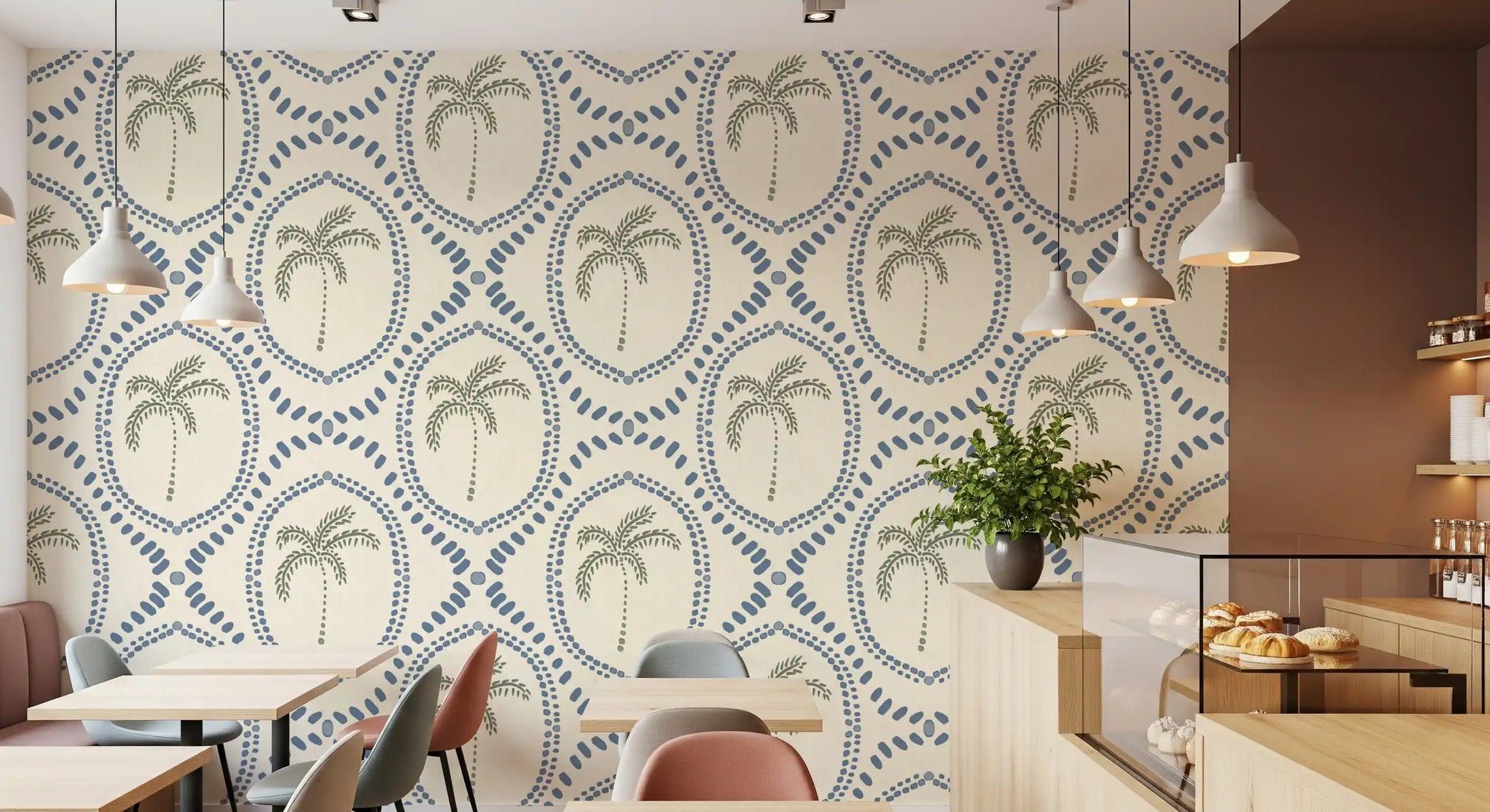 Dotted slate-blue lines form ogee shapes around leafy palms on this boho wallpaper
