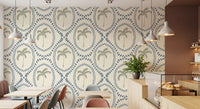Dotted slate-blue lines form ogee shapes around leafy palms on this boho wallpaper
