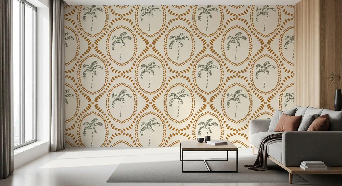 Living room illuminated by the beachy boho palm oasis golden wallpaper