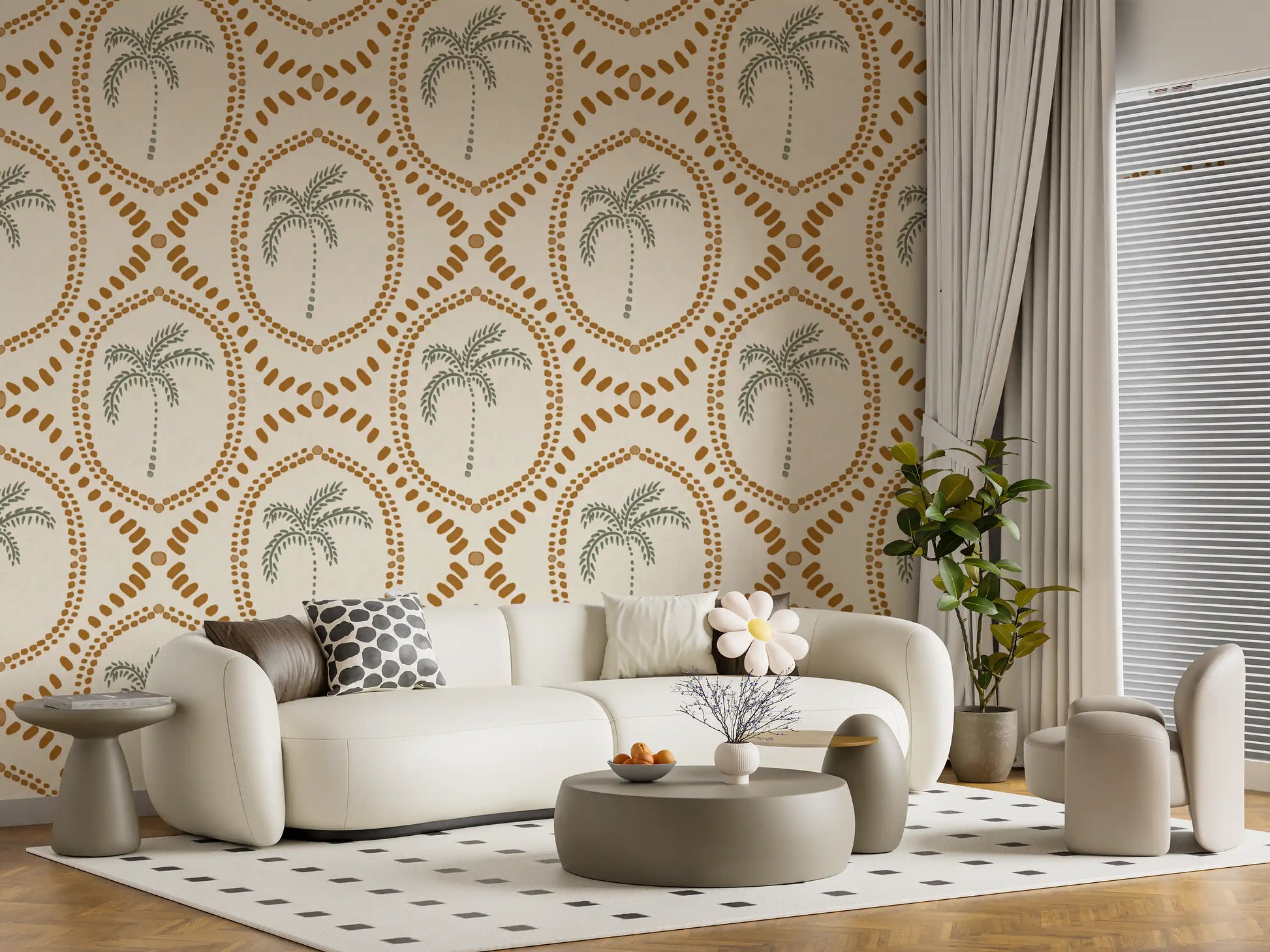 Orange dotted borders framing a lovely tree on this oasis wallpaper