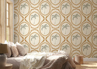 Bedroom styled nicely with the beachy boho palm oasis golden wallpaper