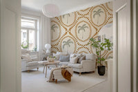 Indoor lounge setting displaying this warm beachy wallpaper layout