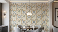 View of the Beachy Boho Palm Oasis Golden & Slate Blue Wallpaper pattern.