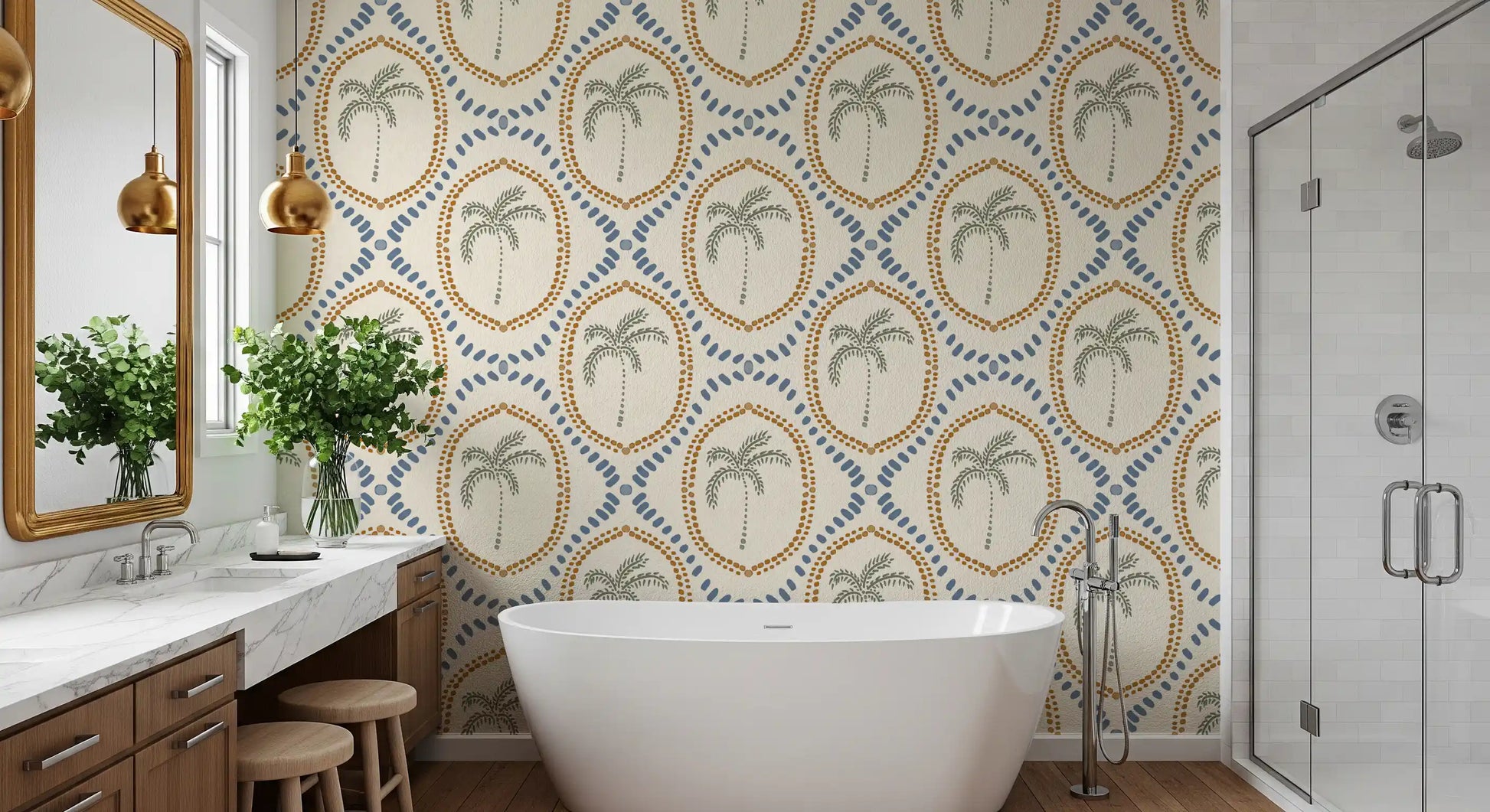 Botanical layout in the Beachy Boho Palm Oasis Golden & Slate Blue Wallpaper.