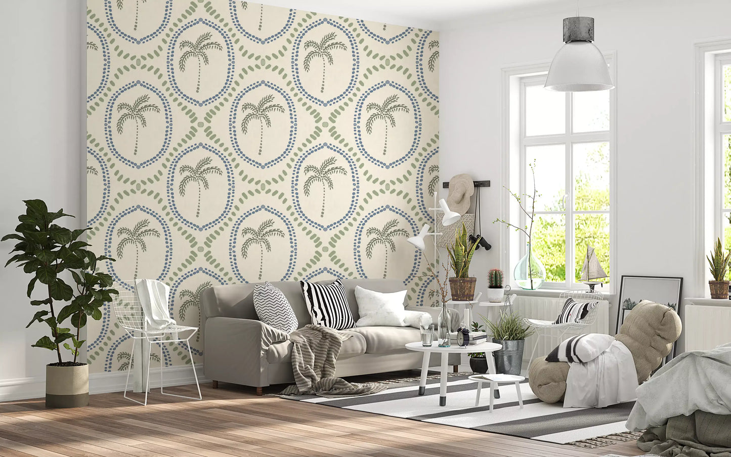 A textured background complements the beautiful beachy boho palm wallpaper.